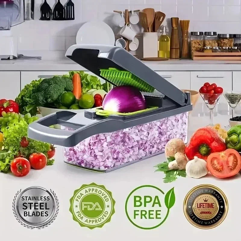 Cortadora de verduras multifuncional de gran capacidad para cocina para cortar verduras, rallar patatas y rebanar.