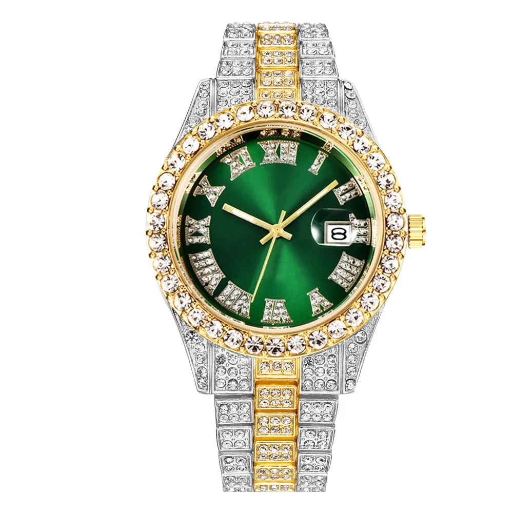 Reloj de pulsera de cuarzo para hombre, de acero inoxidable, con diamantes, calendario y fecha.