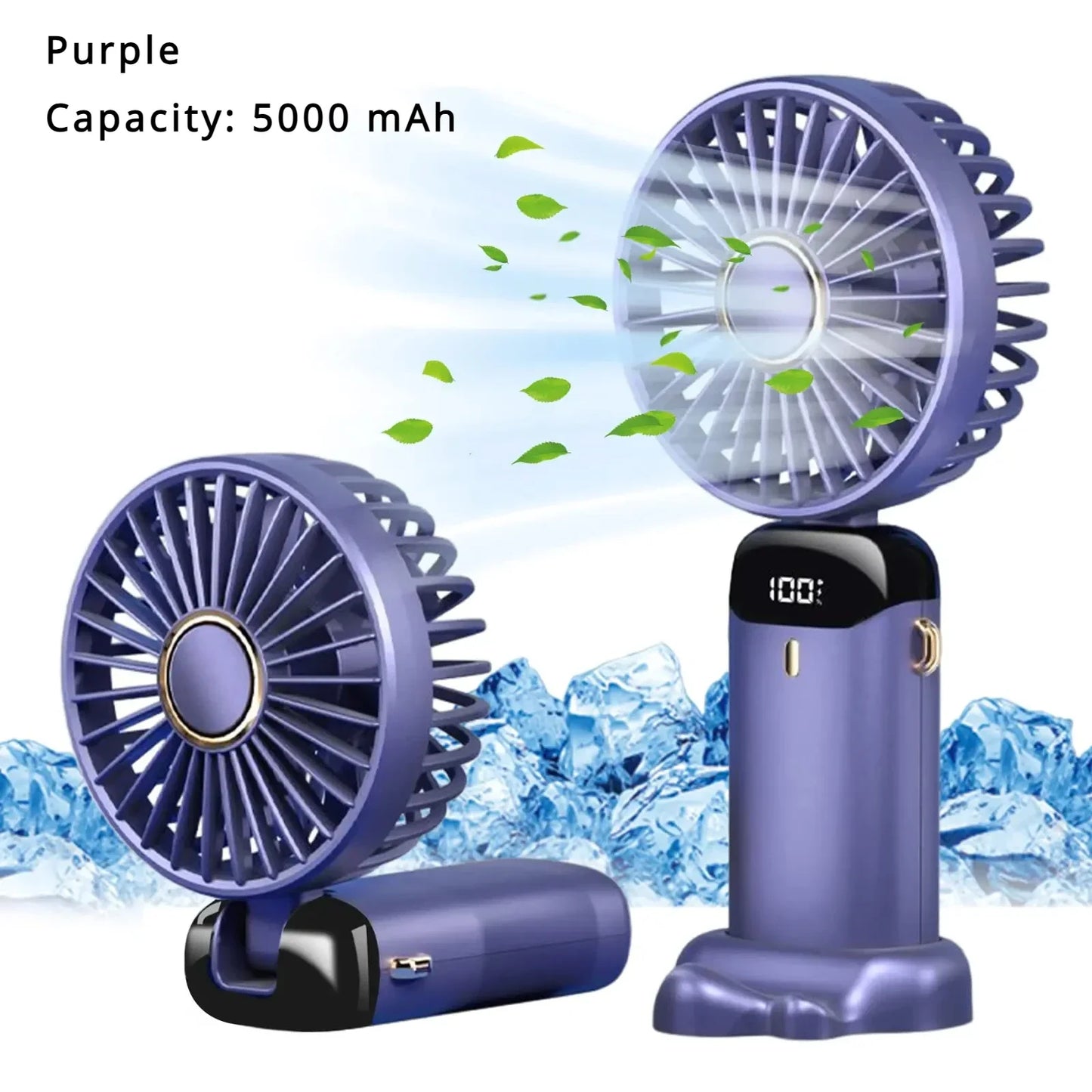 Mini ventilador de mano de 5000 mAh, inalámbrico, recargable por USB, portátil, con pantalla digital, soporte para teléfono, ventilador plegable de 5 velocidades para colgar en el cuello