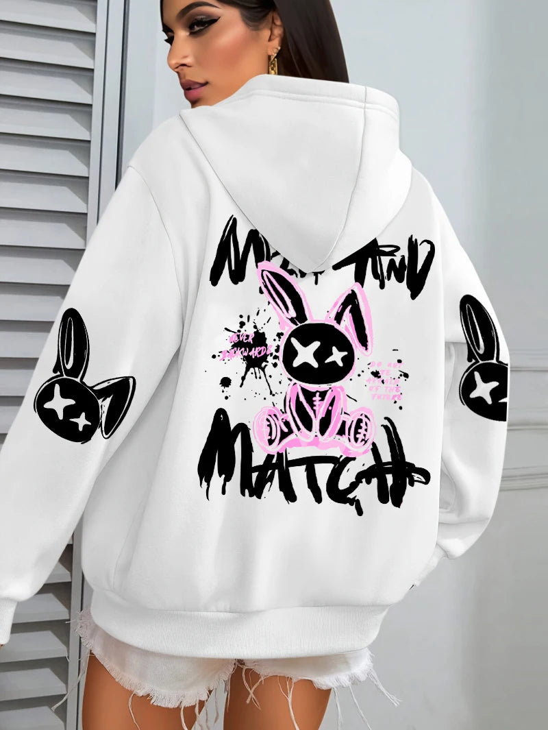 Sudadera con capucha con estampado de conejo de dibujos animados para mujer, ropa informal con bolsillo, Sudadera holgada , ropa femenina de lana que combina con todo