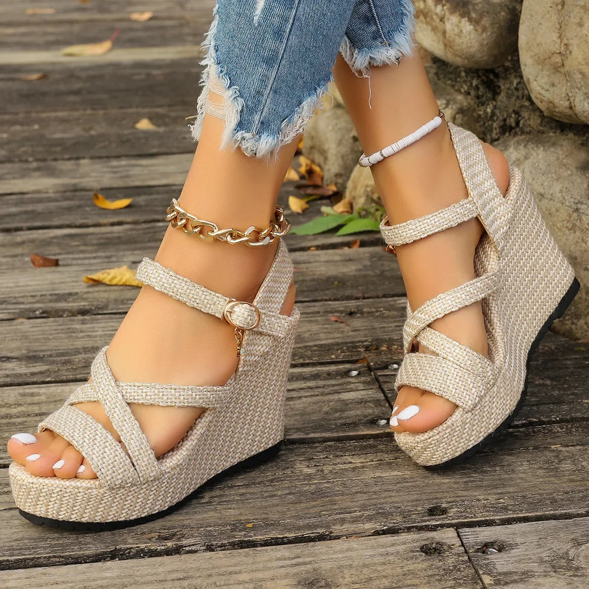 Sandalias romanas de algodón vaquero con tiras cruzadas para mujer, estilo verano, con suela gruesa y suela de goma,