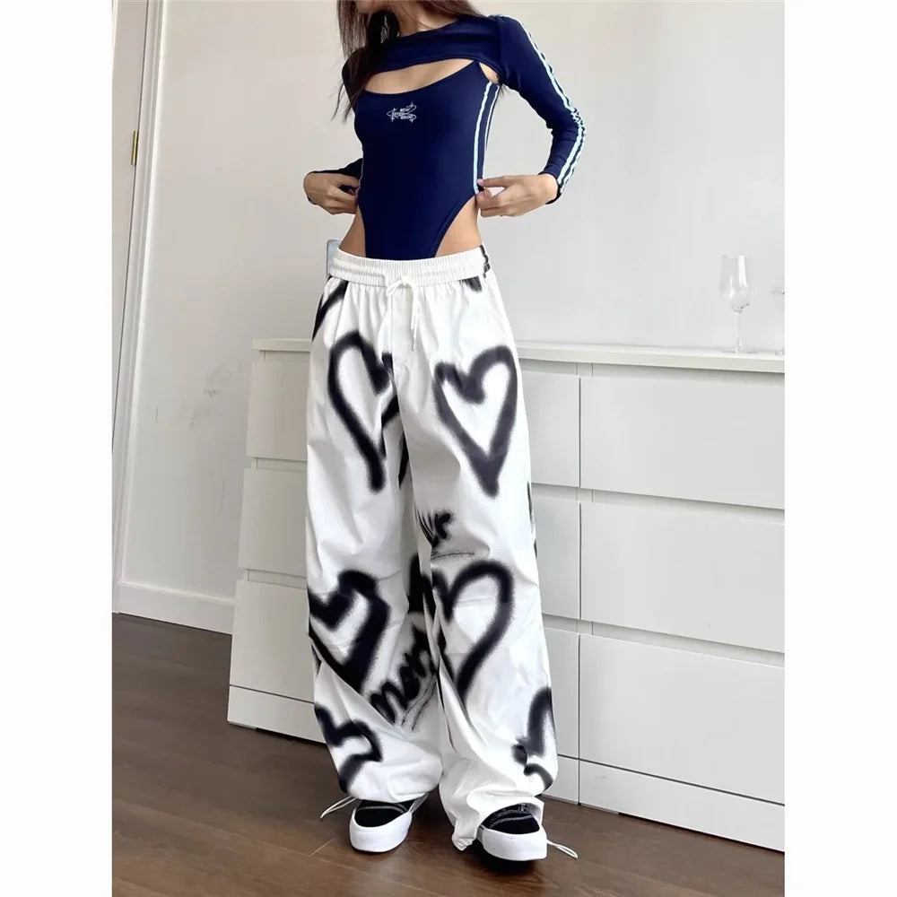 Pantalones de pierna ancha Love para mujer , ropa de calle elástica de cintura alta, pantalones holgados pantalones de chándal informales