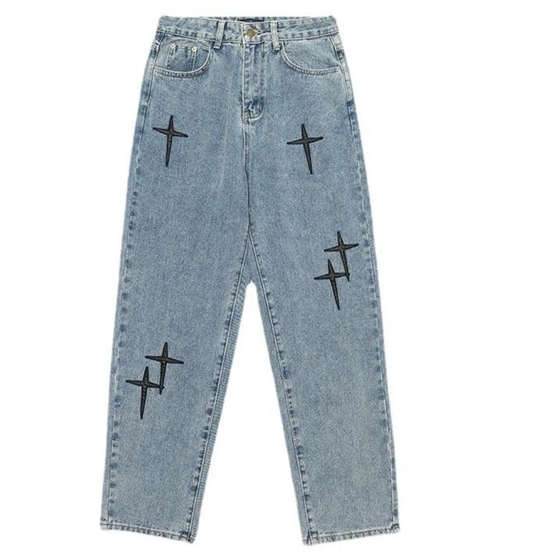 Pantalones Cargo de holgados informales rectos a la moda Vintage para novio, pantalones vaqueros con estampado de estrellas para hombre, ropa de calle, pantalones vaqueros de pierna ancha holgados