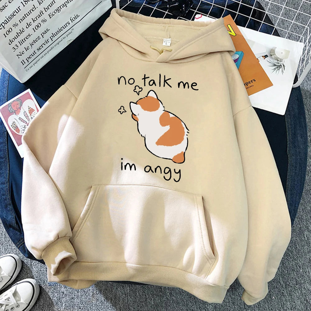 Sudadera con capucha con estampado de gato enojado para mujer, sudaderas suaves, jerséis de lana informales, ropa de calle de lana de gran tamaño para mujer