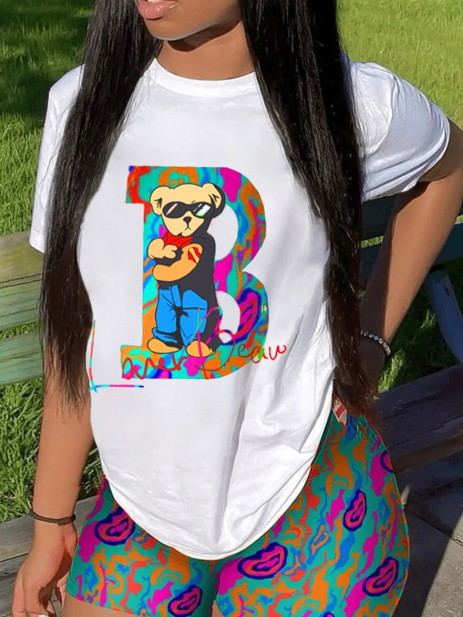 Conjunto informal de camiseta y pantalones cortos de manga corta para mujer, blusa y pantalones con estampado de dibujos animados y cuello redondo, conjunto de dos piezas para oficina