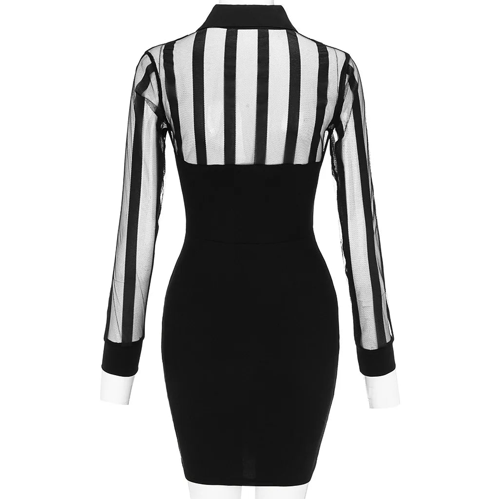 Vestidos de mujer de moda para mujer, vestido de trabajo informal ajustado con manga larga y rayas transparentes de malla y retazos