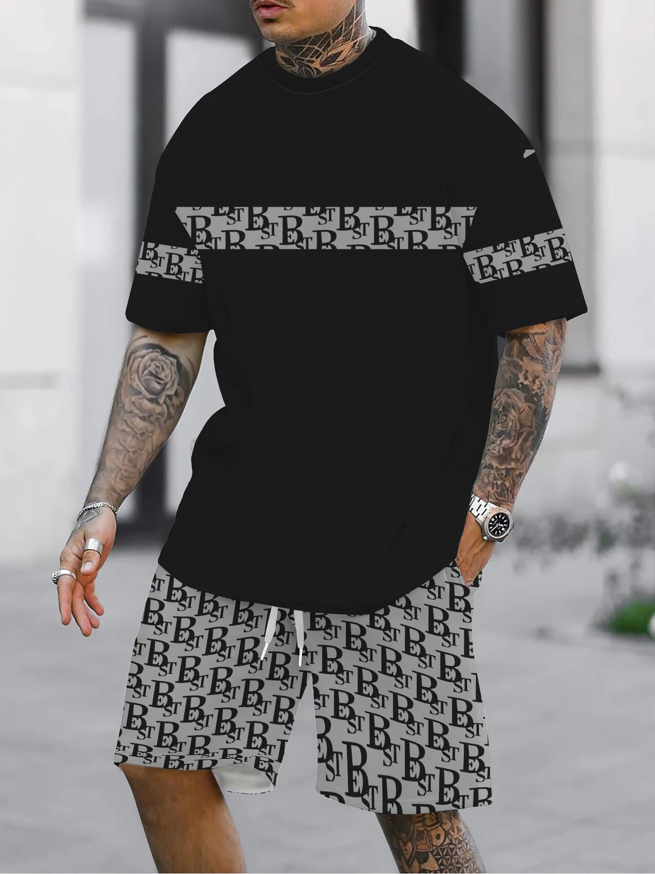Verano nuevo traje de hombre estampado conjunto de mangas cortas y pantalones cortos para hombre Camiseta casual de verano para uso diario para hombre