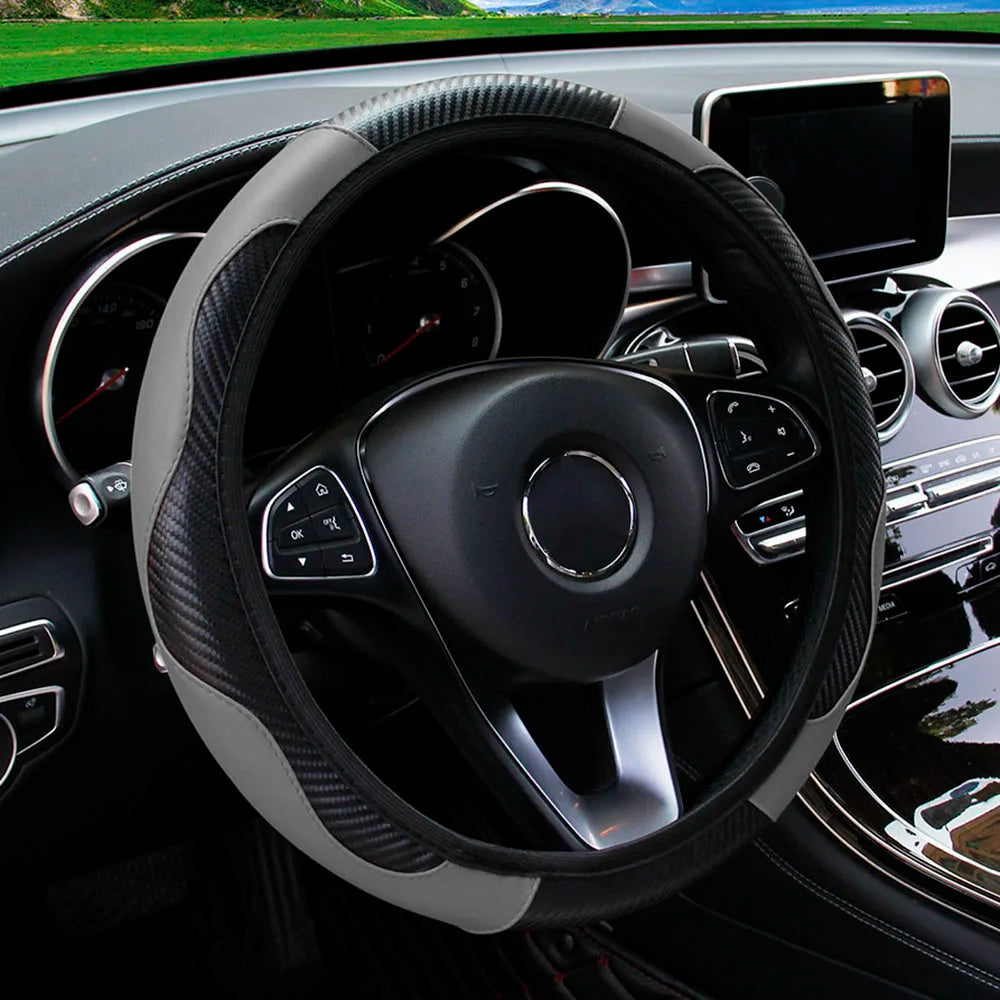 Funda para volante de coche de cuero de fibra de carbono PU sin anillo interior, apta para accesorios de automoción de 14,5 a 15 pulgadas