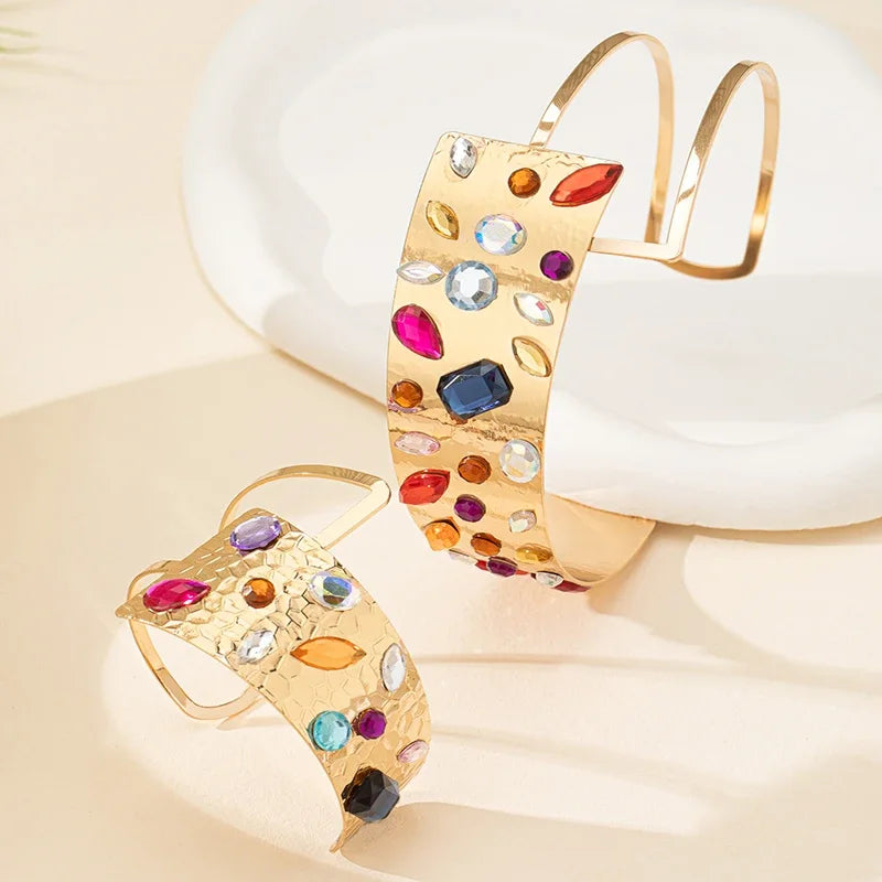 Conjunto de joyería con collar y pulsera geométrica hecha a mano con cristales de color dorado y gran apertura de moda para mujer