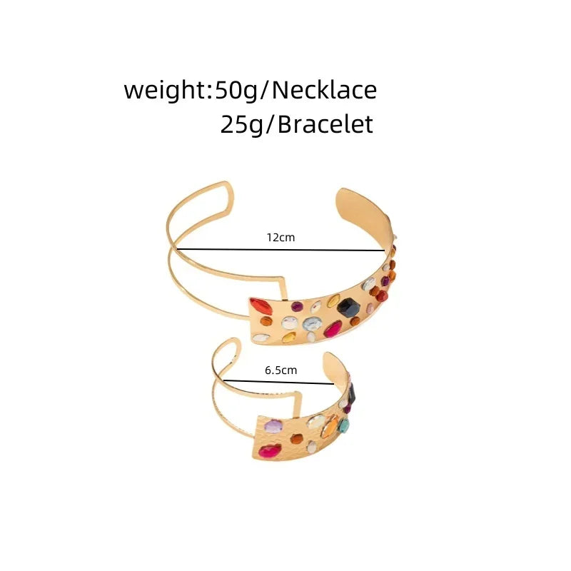 Conjunto de joyería con collar y pulsera geométrica hecha a mano con cristales de color dorado y gran apertura de moda para mujer