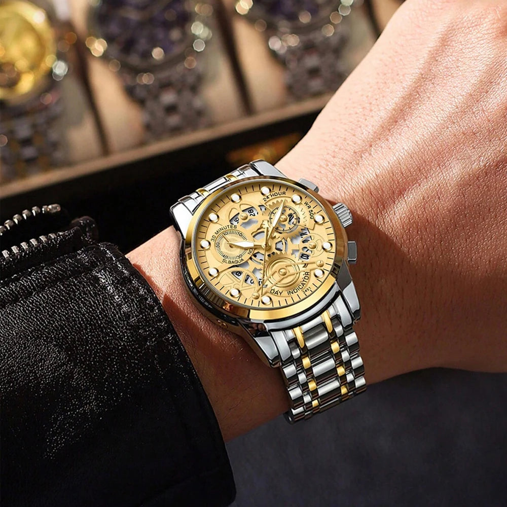 Reloj de negocios para hombre, diseño de esqueleto, estilo mecánico de moda, acero inoxidable, movimiento de cuarzo, calendario, reloj de pulsera impermeable para hombre.
