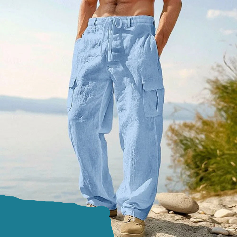 Pantalones de algodón y lino para hombres europeos y americanos, pantalones de trabajo con múltiples bolsillos, ropa deportiva recta holgada y pantalones casuales