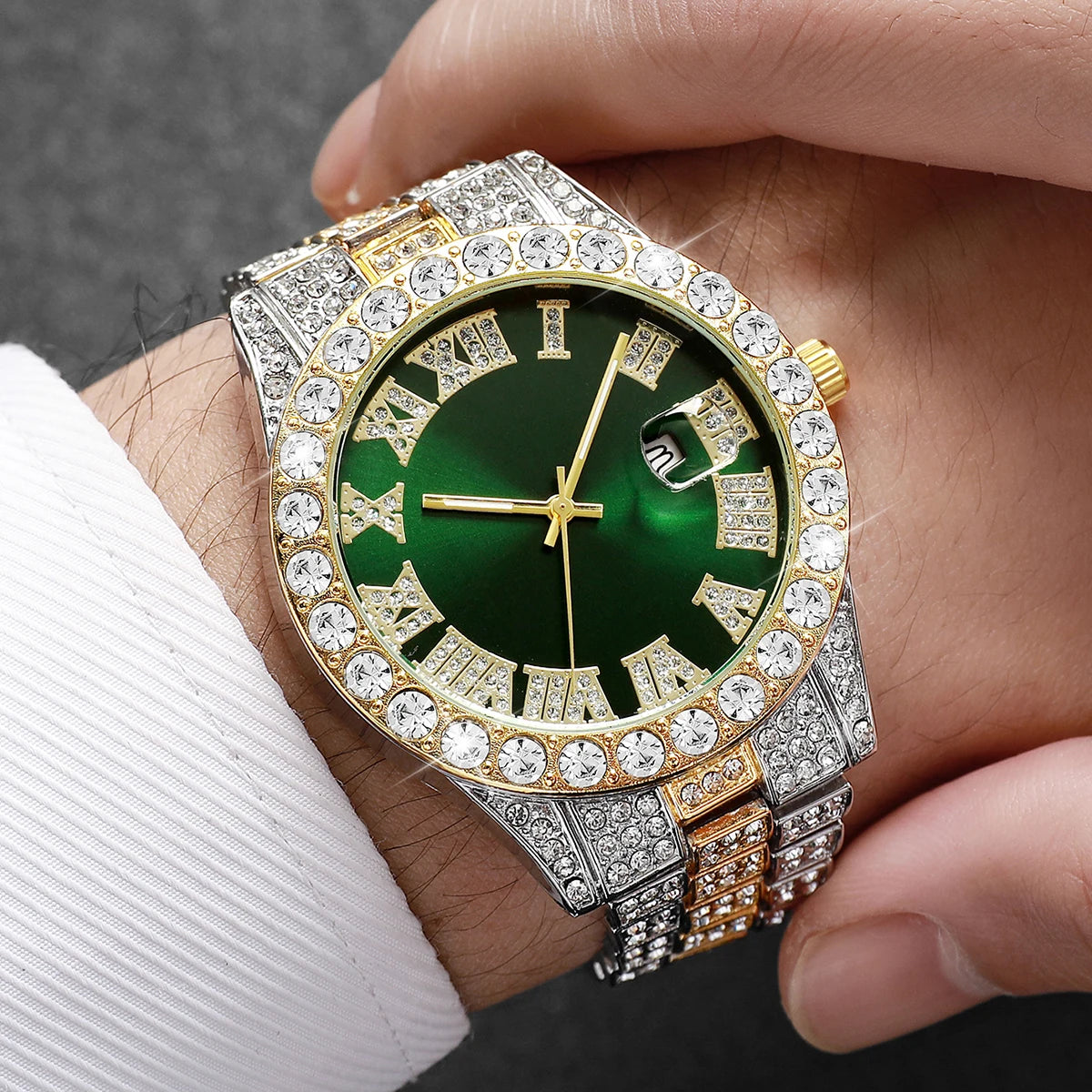 Reloj de pulsera de cuarzo para hombre, de acero inoxidable, con diamantes, calendario y fecha.