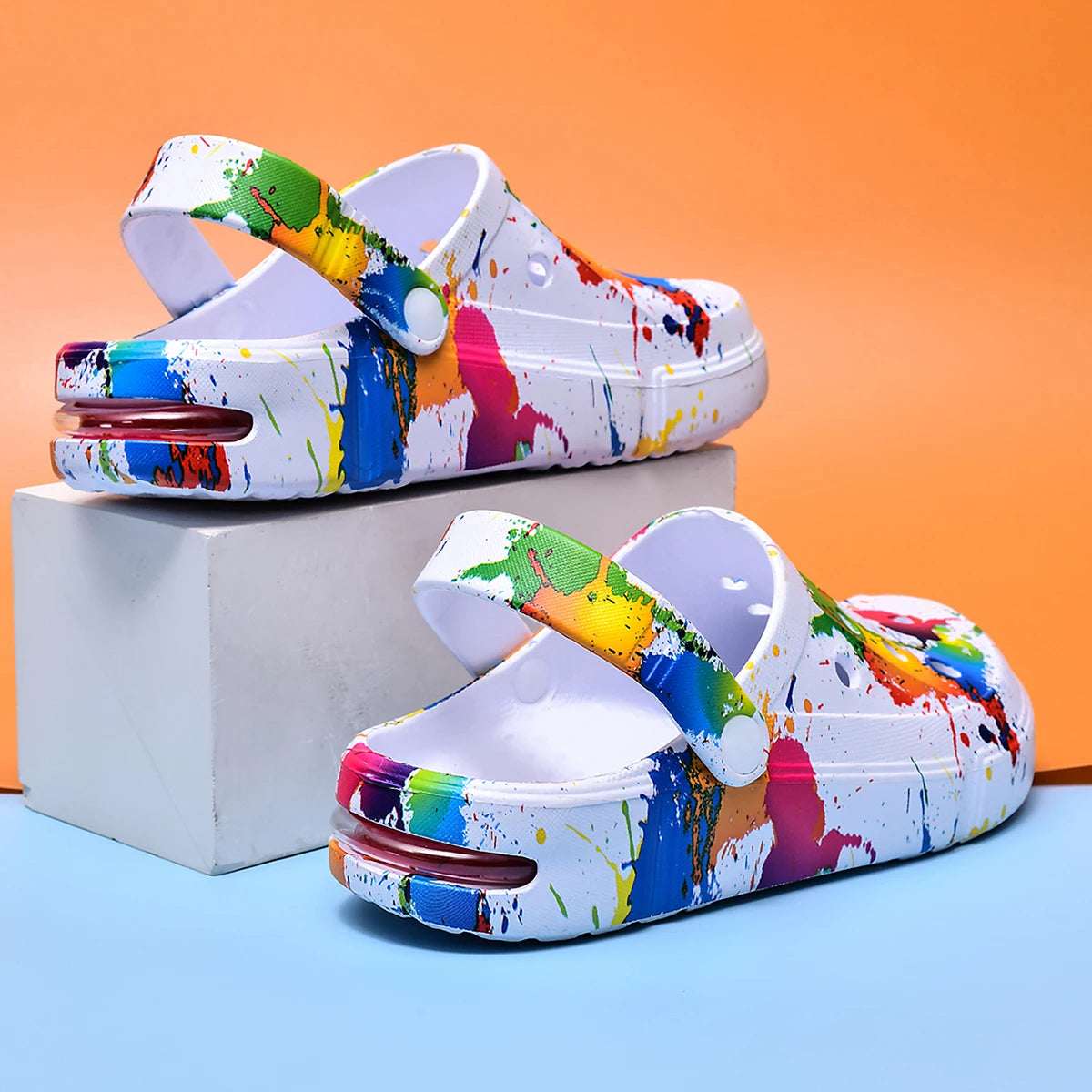 Sandalias tipo zueco para hombre y mujer, estilo pareja, con estampado de inyección de tinta, con amortiguación de aire, transpirables, para playa, para exteriores, con suela gruesa