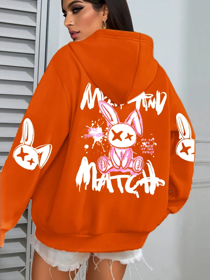 Sudadera con capucha con estampado de conejo de dibujos animados para mujer, ropa informal con bolsillo, Sudadera holgada , ropa femenina de lana que combina con todo