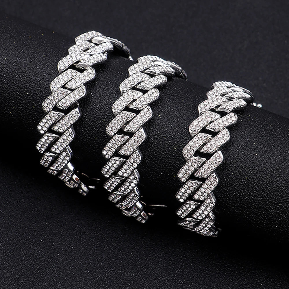 Collar de cadena de eslabones cubanos de 15 mm con diamantes de imitación brillantes de estilo para hombre y mujer, joyería punk de color plateado con cadena cubana, regalo