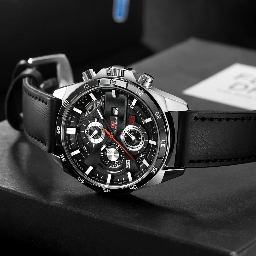 Reloj deportivo para hombre, de cuero, estilo de carreras, informal, de moda, original, negro, oro rosa, calendario, reloj de cuarzo.