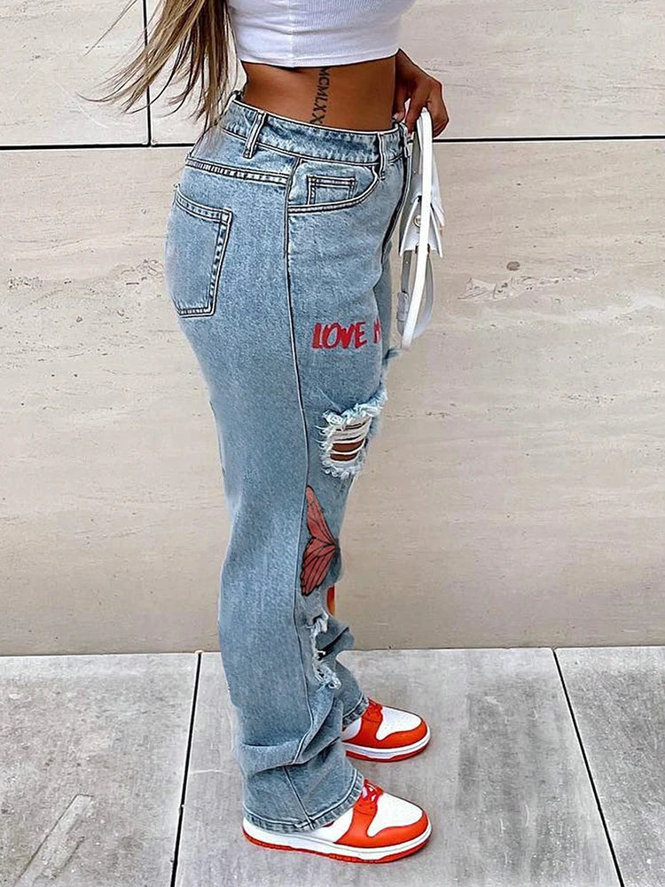 Nuevo diseño de ropa de mujer, pantalones vaqueros con estampado de mariposa, pantalones rectos rasgados, pantalones vaqueros ajustados de cintura alta