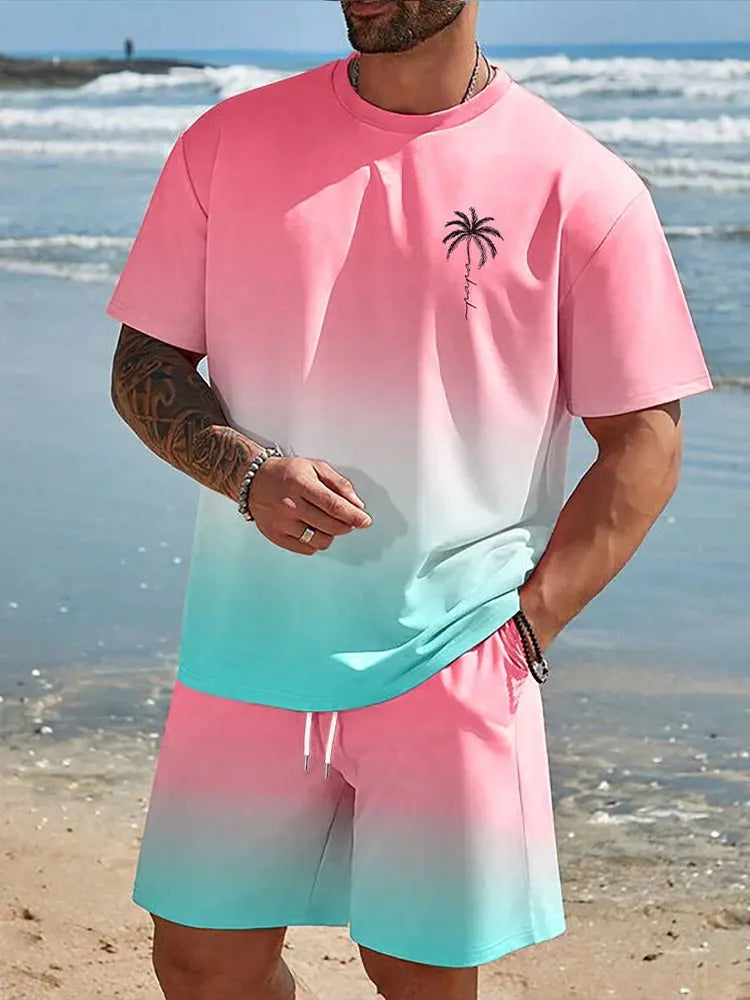 Conjunto de 2 piezas de verano vibrante para hombre, camiseta elegante e informal para hombre, pantalones cortos de playa para exteriores, estampado , cuello redondo y mangas cortas.