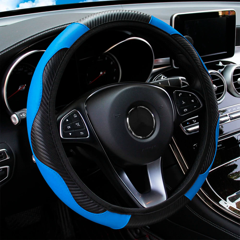 Funda para volante de coche de cuero de fibra de carbono PU sin anillo interior, apta para accesorios de automoción de 14,5 a 15 pulgadas