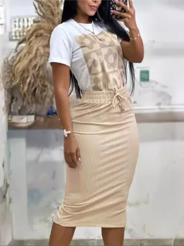 Conjunto de camiseta y vestido de manga corta informal para mujer, conjunto de oficina para primavera y verano, blusa con estampado elegante, falda lisa, conjunto de dos piezas para mujer