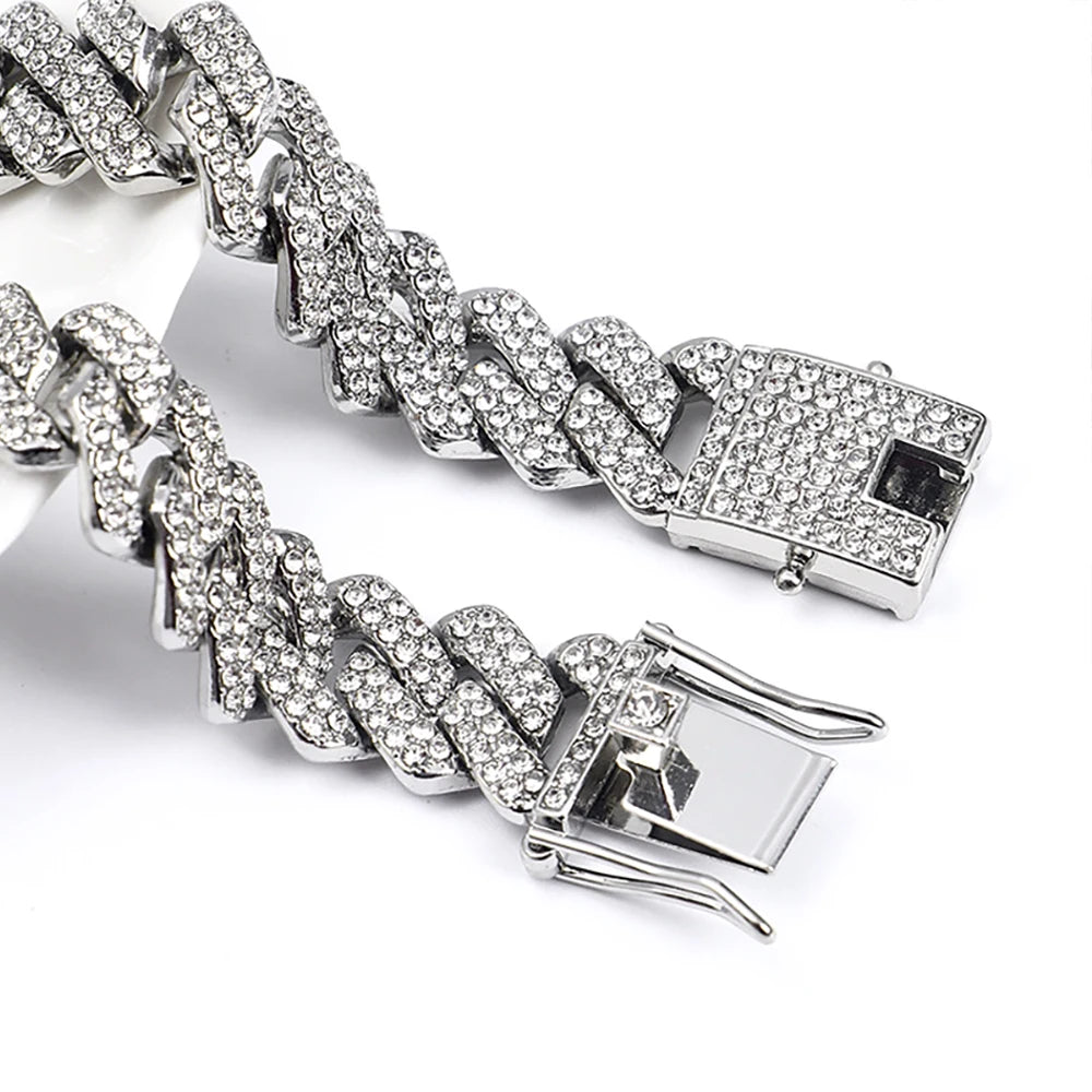 Collar de cadena de eslabones cubanos de 15 mm con diamantes de imitación brillantes de estilo para hombre y mujer, joyería punk de color plateado con cadena cubana, regalo
