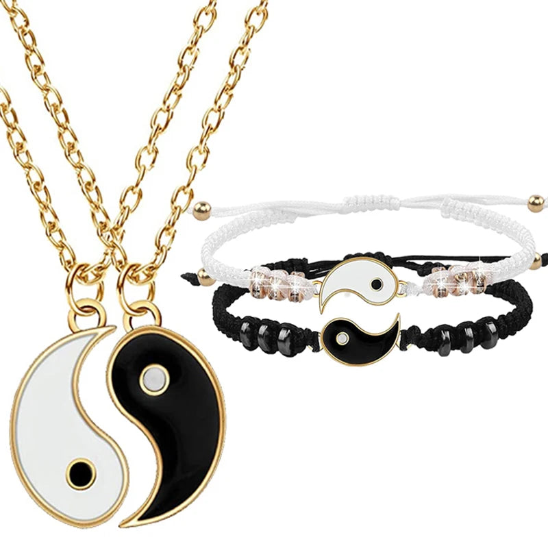 Juego de 2 o 4 pulseras y collares de Tai Chi Yin Yang para parejas, con colgante y cadena trenzada ajustable, a juego, para amantes, gargantilla.