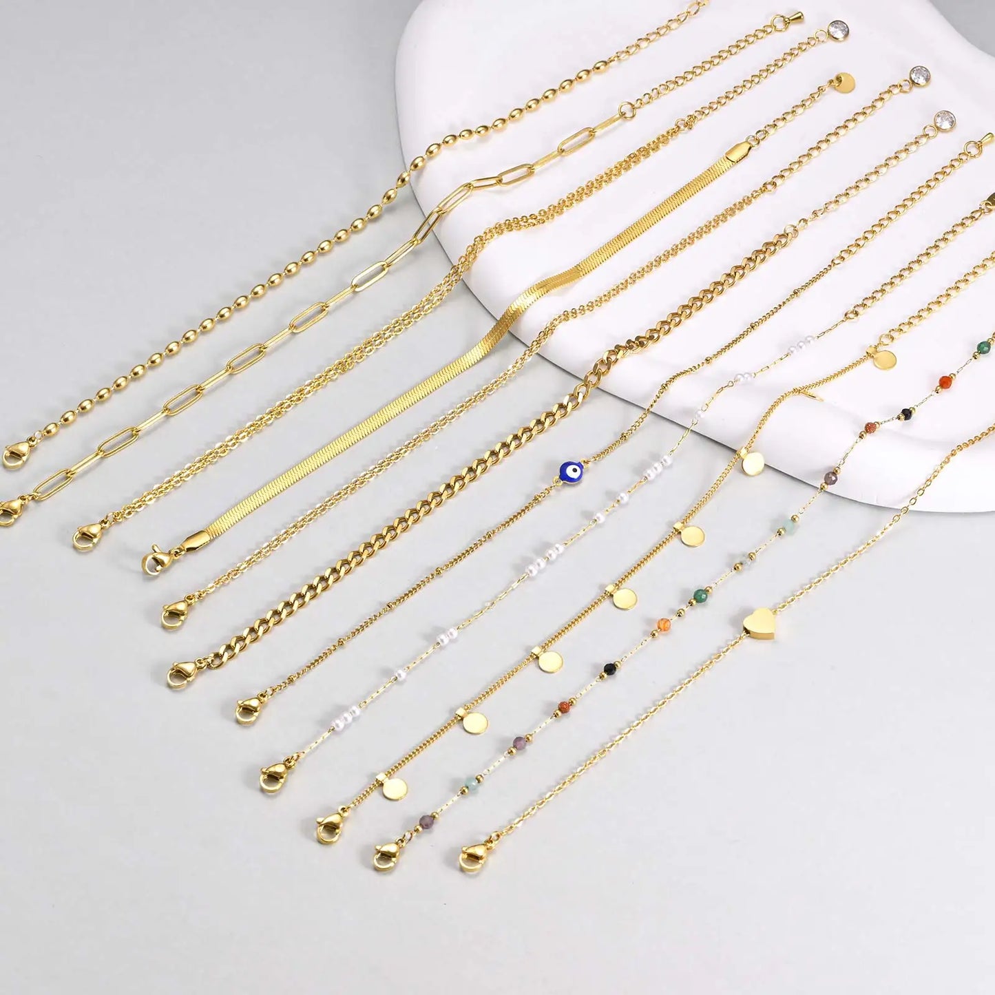 Pulsera de tobillo con perlas de acero inoxidable para mujer, cadena ajustable para el pie chapada en oro de 18 quilates, pulseras apilables para la pierna.