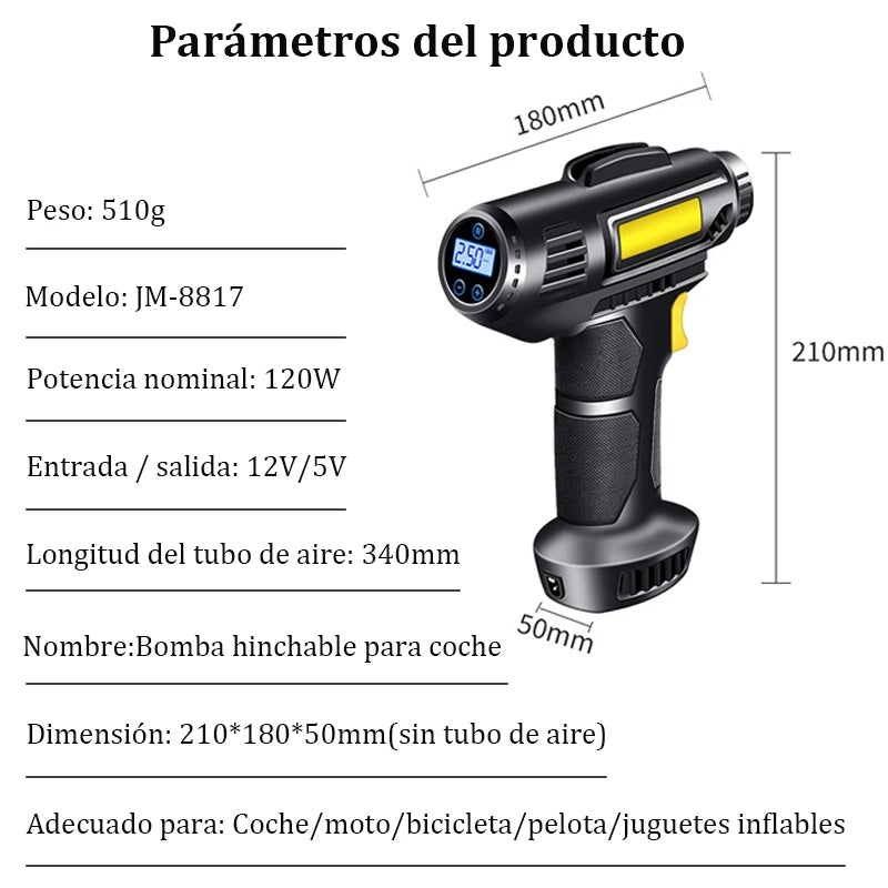 Bomba de inflado de coche inalámbrica de 120 W con pantalla digital inteligente, portátil, con cable, compresor de aire para neumáticos.