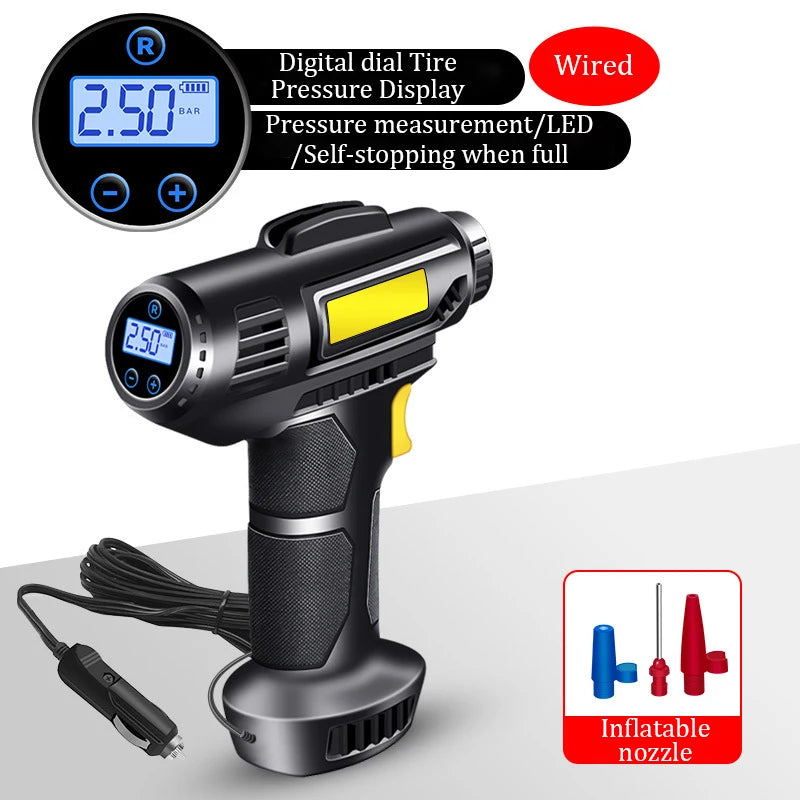 Bomba de inflado de coche inalámbrica de 120 W con pantalla digital inteligente, portátil, con cable, compresor de aire para neumáticos.