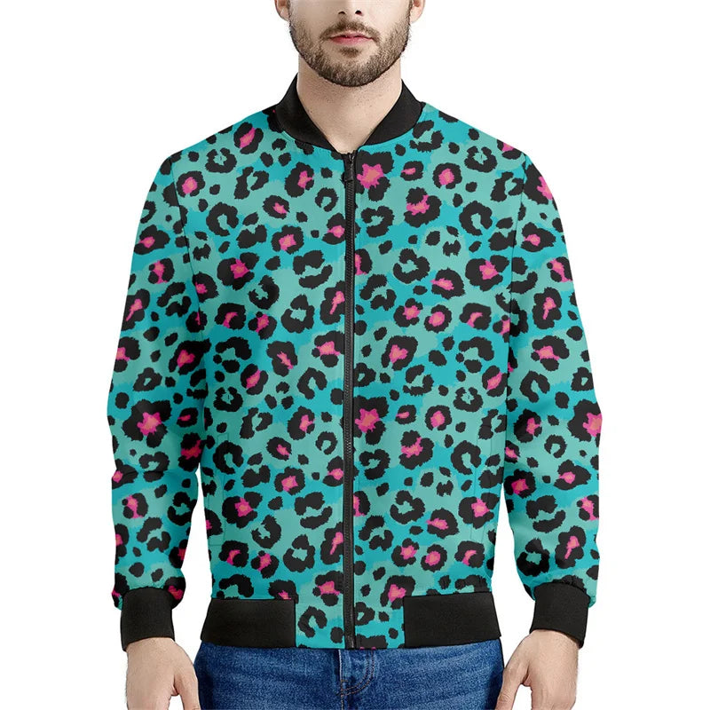 Chaqueta con cremallera y patrón de leopardo para hombre, sudadera de manga larga con estampadode personalidad, ropa de calle suelta informal, abrigo de moda