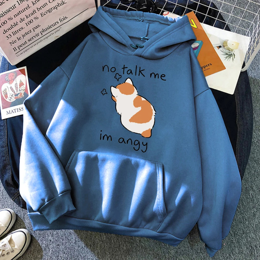 Sudadera con capucha con estampado de gato enojado para mujer, sudaderas suaves, jerséis de lana informales, ropa de calle de lana de gran tamaño para mujer