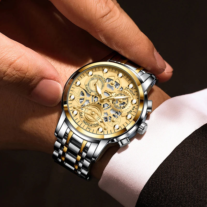 Reloj de negocios para hombre, diseño de esqueleto, estilo mecánico de moda, acero inoxidable, movimiento de cuarzo, calendario, reloj de pulsera impermeable para hombre.