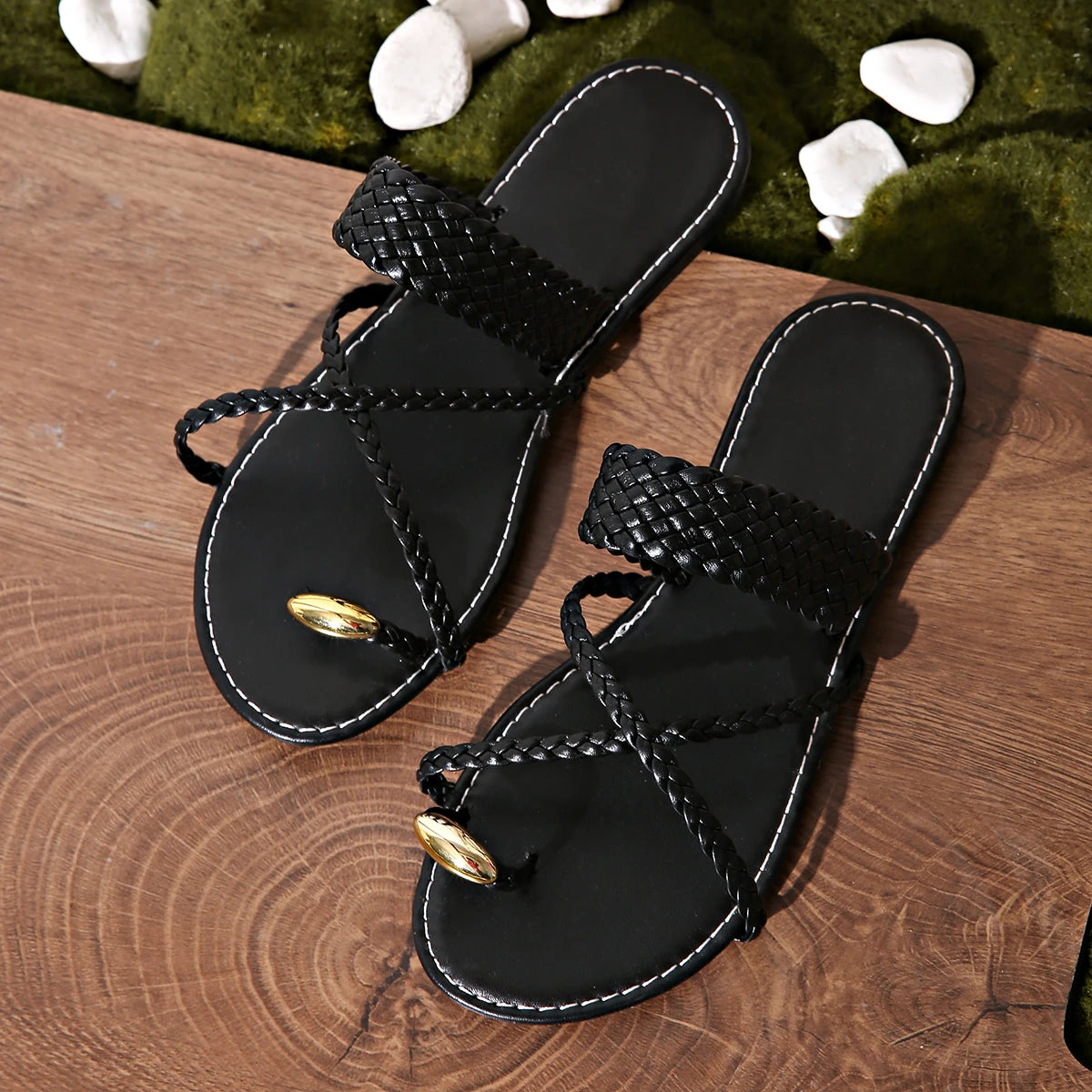 Sandalias doradas con punta de clip para mujer, chanclas planas de verano , para playa