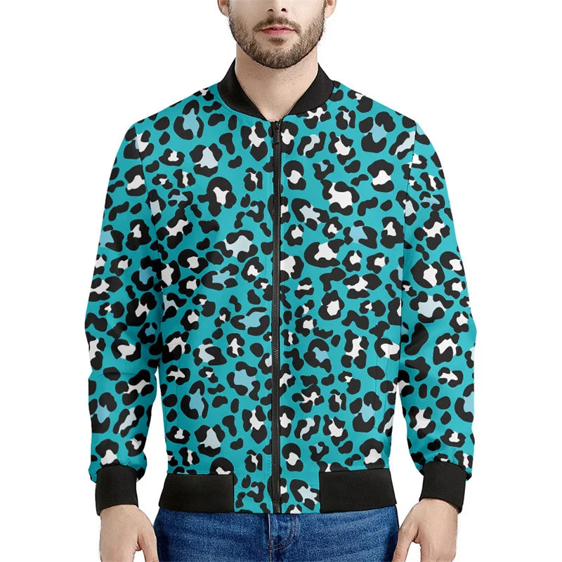 Chaqueta con cremallera y patrón de leopardo para hombre, sudadera de manga larga con estampadode personalidad, ropa de calle suelta informal, abrigo de moda