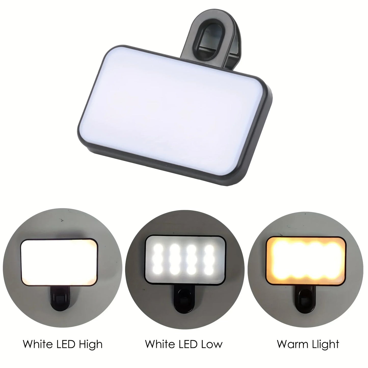 Mini luz de relleno recargable para selfies: 3 modos de color, brillo ajustable, luz LED con clip para teléfonos móviles y computadoras.
