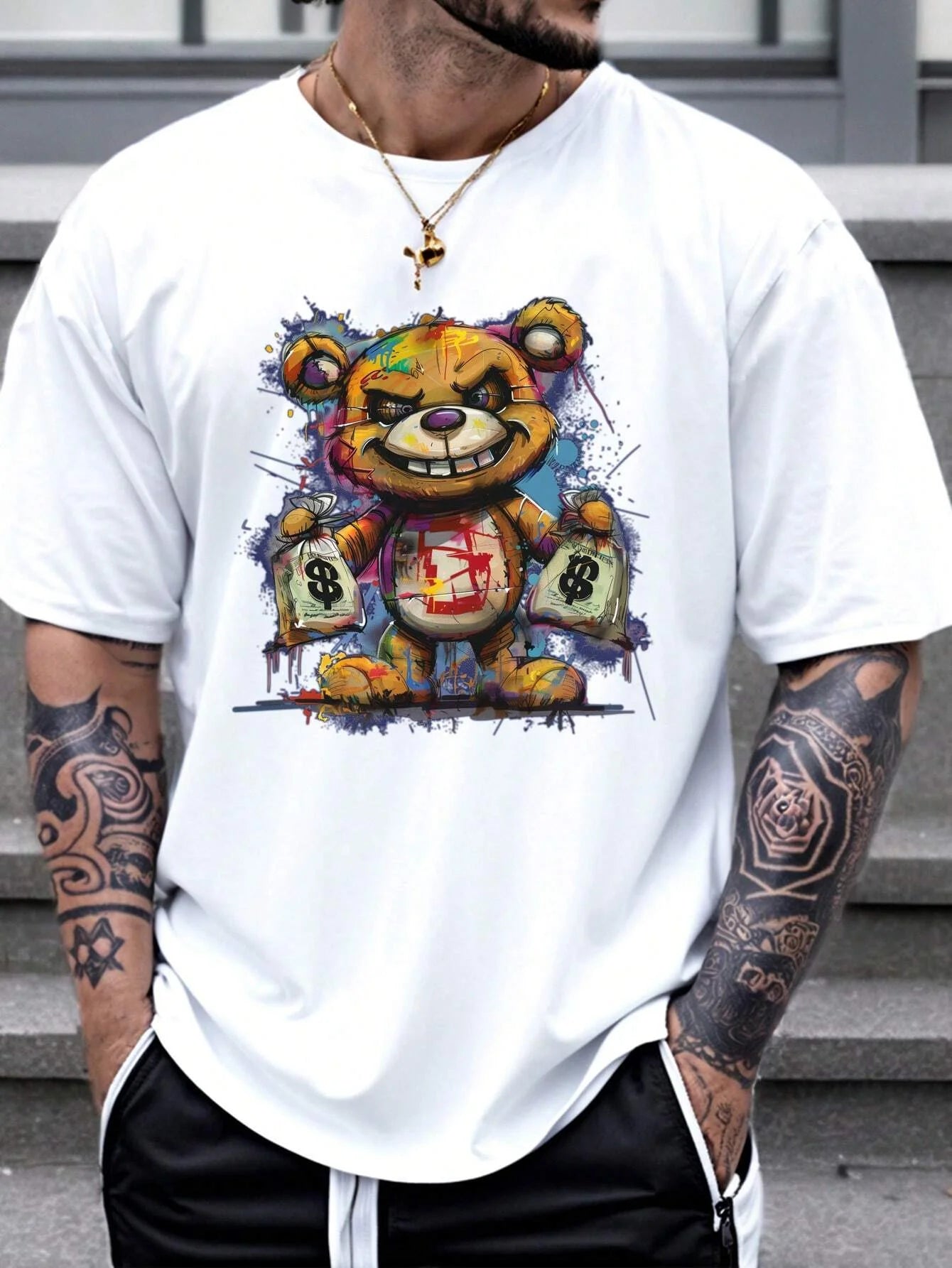 Camiseta deportiva informal de manga corta con cuello redondo y estampado para hombre