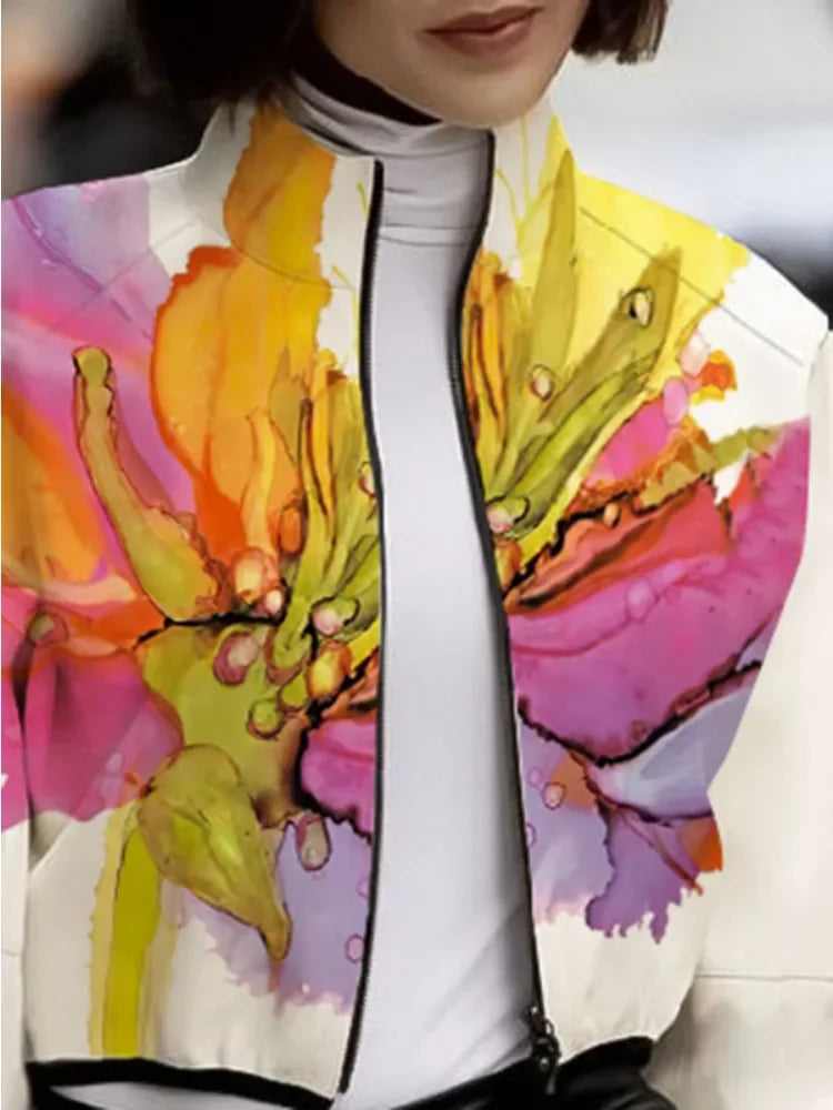 Chaqueta con estampado Floral para mujer, abrigo holgado de media manga con cremallera y cuello alto, otoño