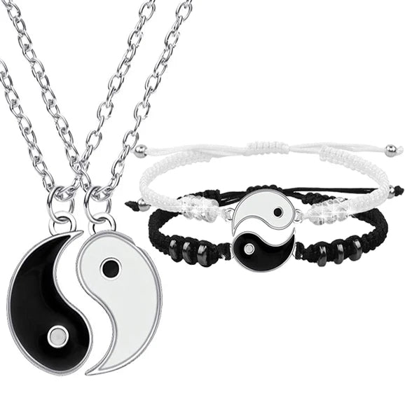 Juego de 2 o 4 pulseras y collares de Tai Chi Yin Yang para parejas, con colgante y cadena trenzada ajustable, a juego, para amantes, gargantilla.