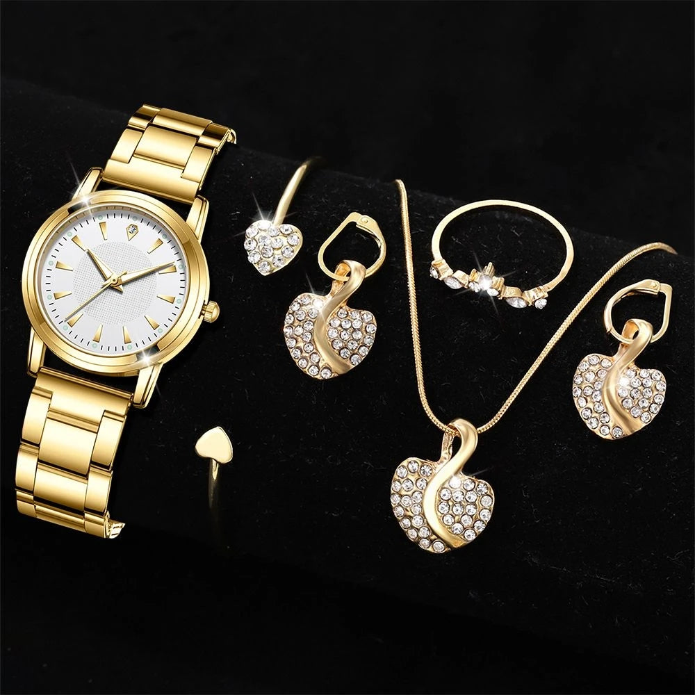 Reloj de cuarzo de lujo para mujer, con anillo, collar y pendientes de diamantes de imitación