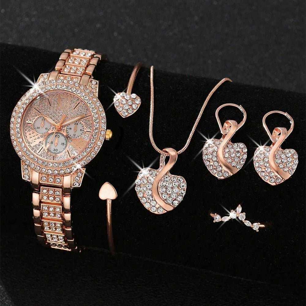 Reloj de cuarzo de lujo para mujer, con anillo, collar y pendientes de diamantes de imitación