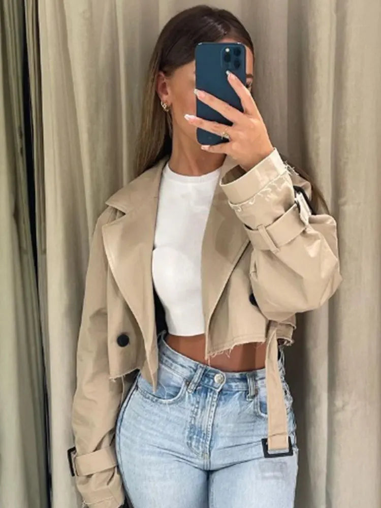 Gabardina recortada con cinturón para mujer, chaqueta de primavera, ropa de calle Vintage, Top de manga larga con doble botonadura, trajes de abrigo para mujer