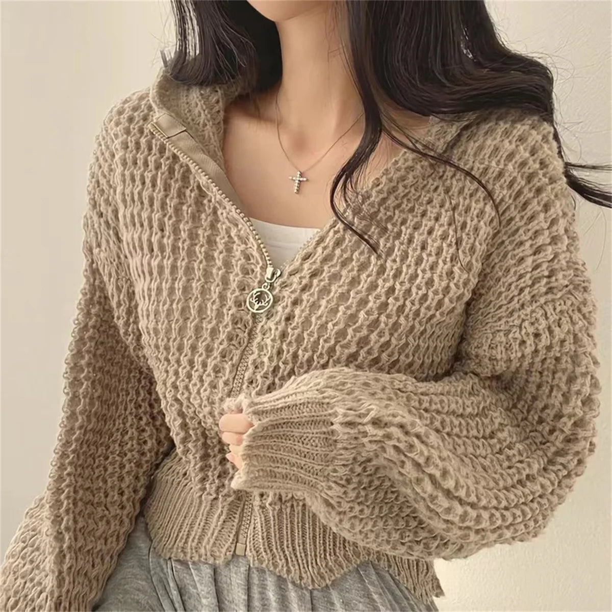 Suéter de punto coreano para mujer, abrigo de moda de otoño e invierno, Sudadera con capucha lisa, cárdigan con cremallera, chaqueta informal de estilo perezoso de calle para mujer