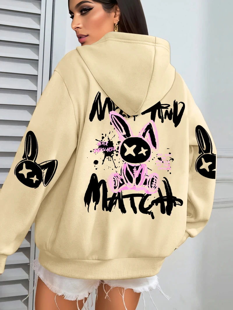 Sudadera con capucha con estampado de conejo de dibujos animados para mujer, ropa informal con bolsillo, Sudadera holgada , ropa femenina de lana que combina con todo