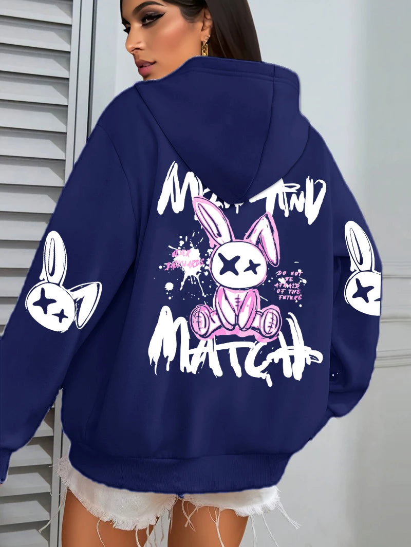 Sudadera con capucha con estampado de conejo de dibujos animados para mujer, ropa informal con bolsillo, Sudadera holgada , ropa femenina de lana que combina con todo
