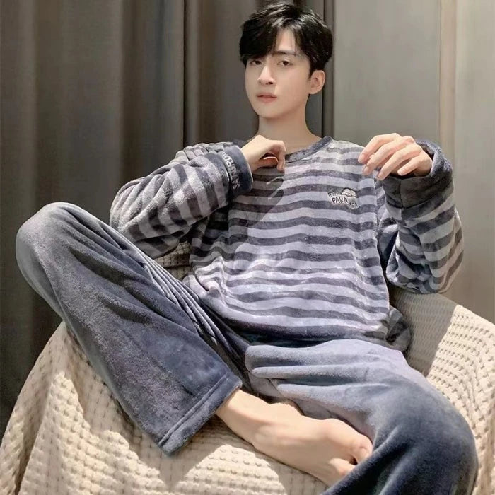 Conjuntos de pijamas térmicos para hombre, ropa de dormir clásica a rayas con dibujos animados de invierno para el hogar