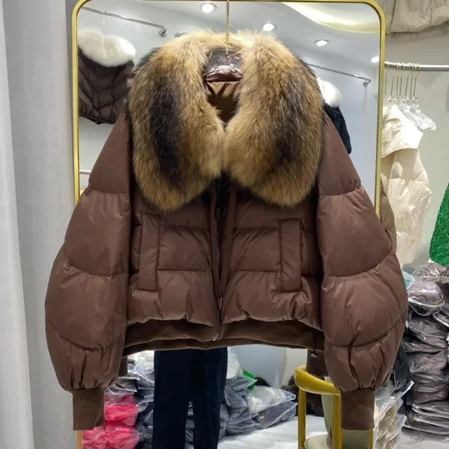Chaqueta de plumón de invierno a la moda para mujer, abrigo recortado con Cuello de piel de zorro de gama alta