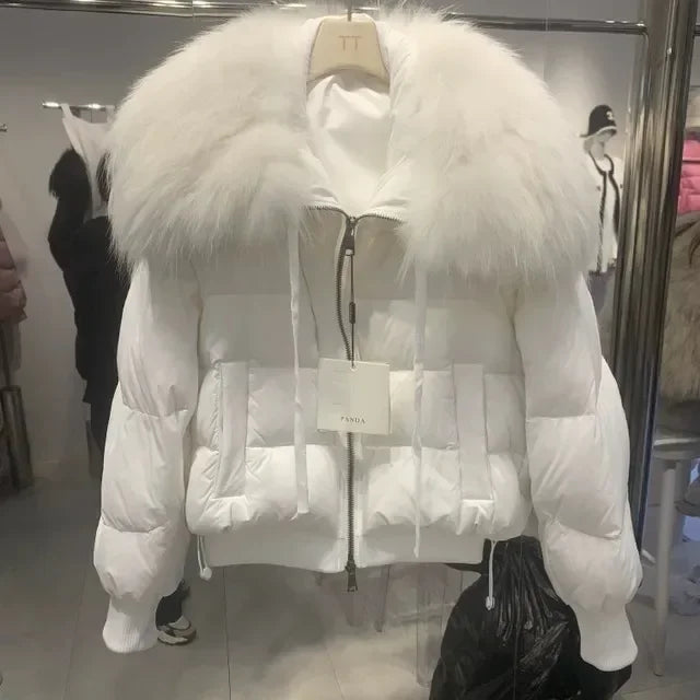 Chaqueta de plumón de invierno a la moda para mujer, abrigo recortado con Cuello de piel de zorro de gama alta