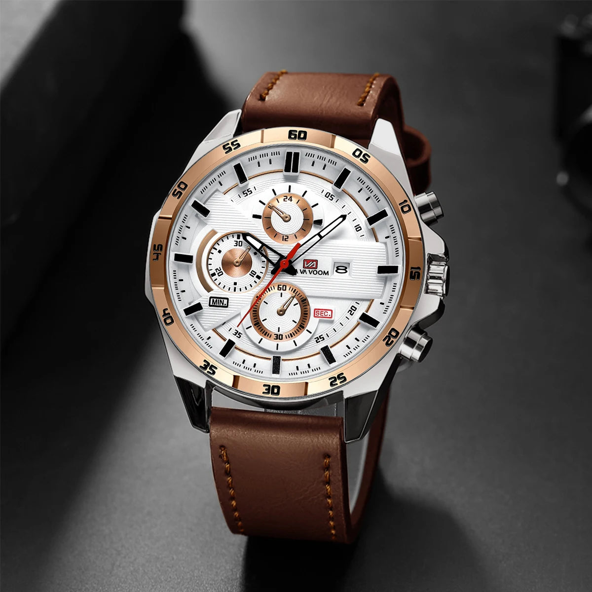Reloj deportivo para hombre, de cuero, estilo de carreras, informal, de moda, original, negro, oro rosa, calendario, reloj de cuarzo.