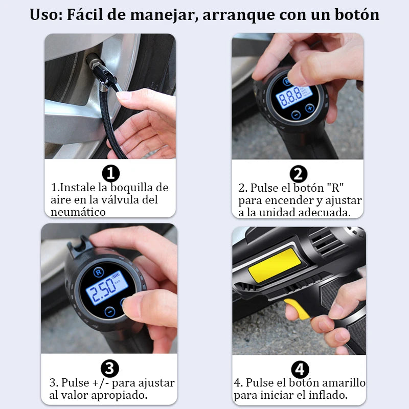 Bomba de inflado de coche inalámbrica de 120 W con pantalla digital inteligente, portátil, con cable, compresor de aire para neumáticos.
